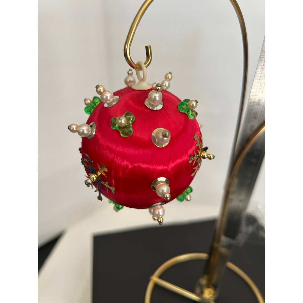 Ornament Christmas Red Beaded Sequin Satin Faux Pearl Gold Snowflake Collectible